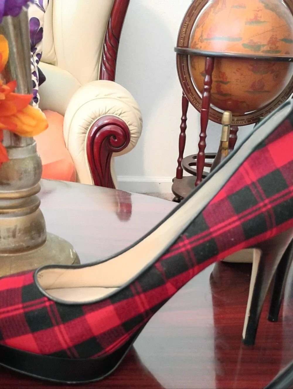 Michael Kors Red and Black Plaid Peep-Toe Heels